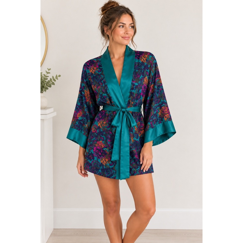 Vintage Victoria's Secret One Size Satin Polyester Paisley Robe Teal purple